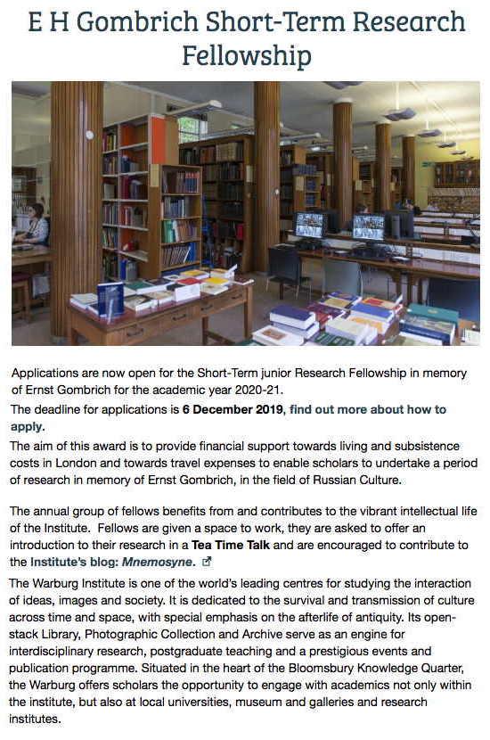 Short-term Research Fellowships in Intellectual, Cultural and Art History for 2019/20.